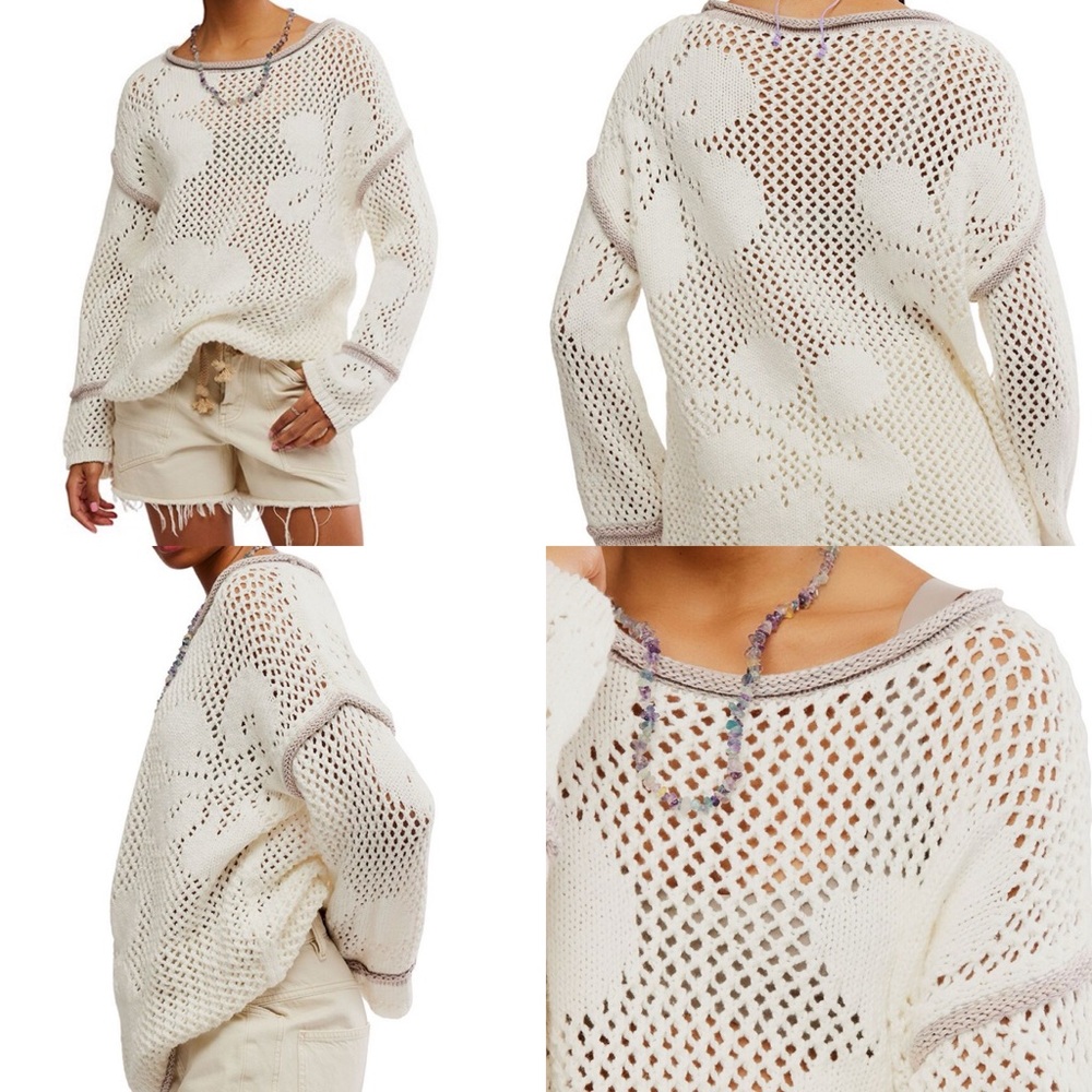 NEW Free People Beach Crochet Sweater Boho Floral Chunky Open Knit Oversized XS